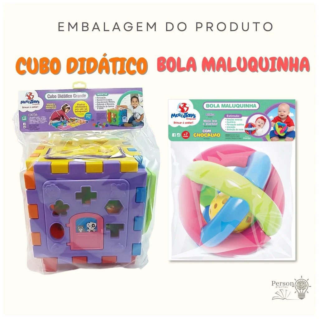 Kit Bola Maluquinha Chocalho Mordedor + Cubo Didático Gigante Criança